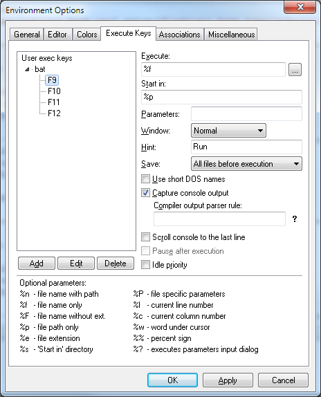 Screen shot of ConTEXT options showing how to set up execute keys to run a batch file.